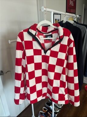 Vintage Stüssy Red & White Checkerboard Quarter-Zip Fleece Pullover